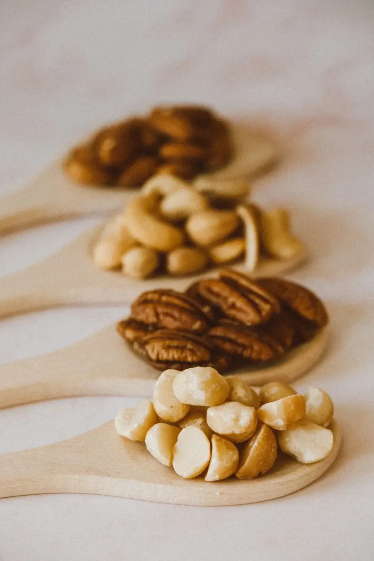Cashews arranged with other nuts